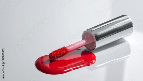 Vibrant Red Lipstick Application on a Glossy Surface.