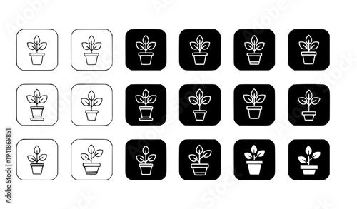 Potted plant icons with flowerpot symbols in outline glyph and filled outline styles