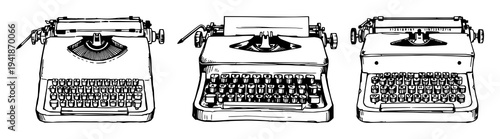 Typewriter set with vintage mechanical design featuring old technology, office equipment, writing tools with retro aesthetic and antique style