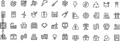 Set of outline icons related to electricity. Linear icon collection. Editable stroke. Vector
