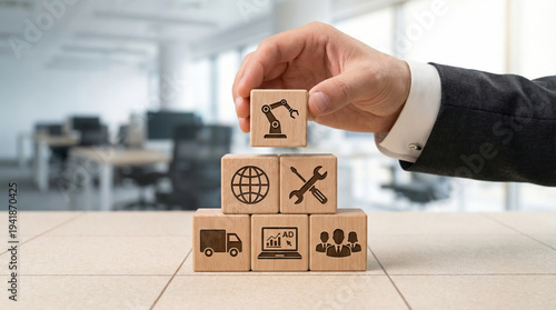 Conceptual representation of modern business processes, supply chain optimization, and technological integratio