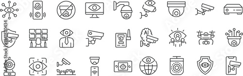 Set of outline icons related to cctv, surveillance. Linear icon collection. Editable stroke. Vector