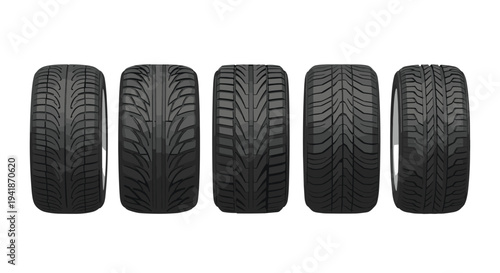 Five dark grey car tires with varied black tread patterns and silver rims are neatly arranged horizontally on a clean white background.