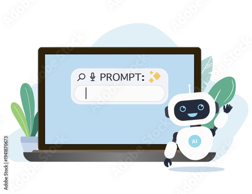 Laptop with AI prompt on screen and robot, content creating using artificial intelligence generator technology

