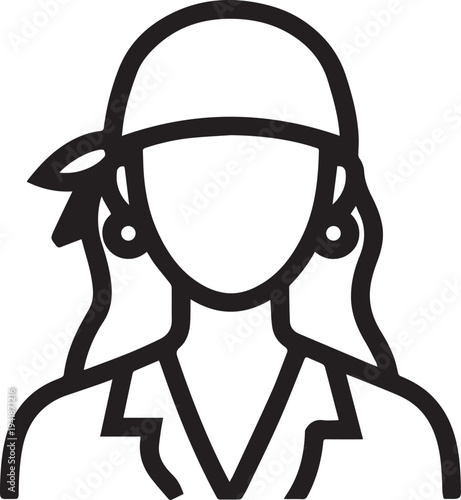 Hand Drawn Woman Pirate Black and White Avatar Illustration in Minimal Line Art Style Design
