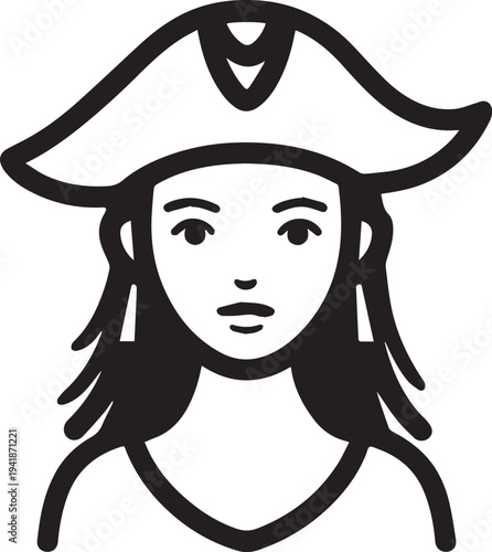Hand Drawn Woman Pirate Black and White Avatar Illustration in Minimal Line Art Style Design