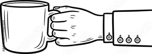 A hand grasping a cylindrical mug with a sleeve