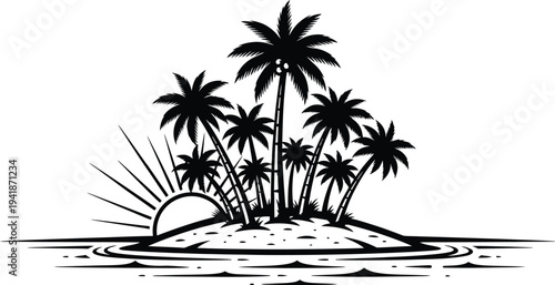 Tropical island paradise with palm trees and sunset