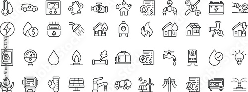 Set of icons related to energy, gas, water. Linear icon collection. Editable stroke. Vector