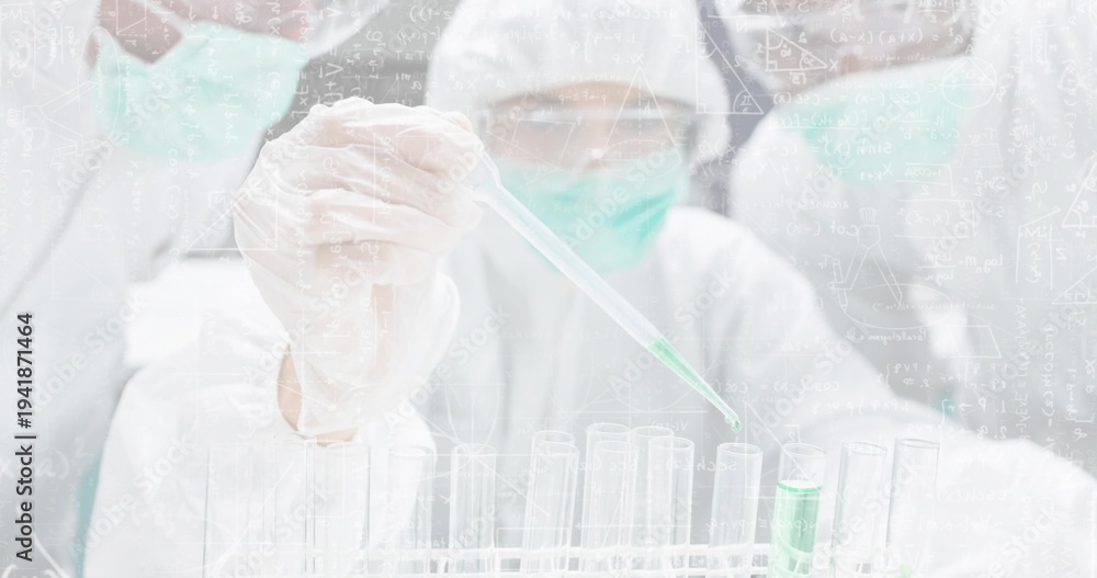 Fototapeta premium Dispensing gloved hand holding pipette at lab bench, in PPE, filling test tubes with green reagent