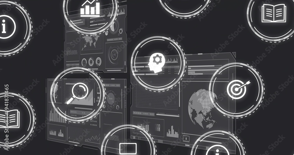 Obraz premium Displaying semi-transparent dashboard panels with charts, HUD rings and icons on dark interface
