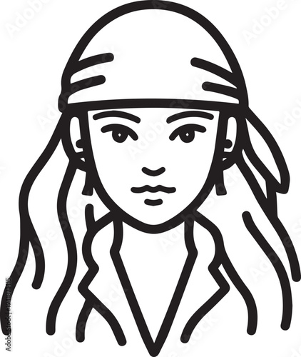 Hand Drawn Woman Pirate Black and White Avatar Illustration in Minimal Line Art Style Design