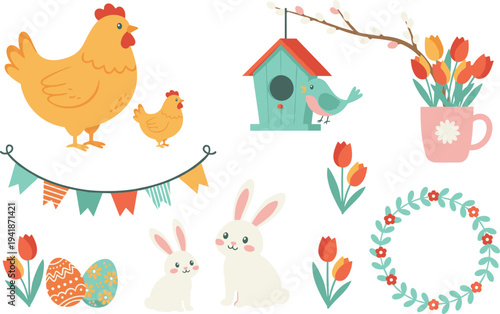 Colorful spring Easter vector collection featuring cute bunnies chickens eggs birdhouses flowers and festive holiday nature elements for designs.