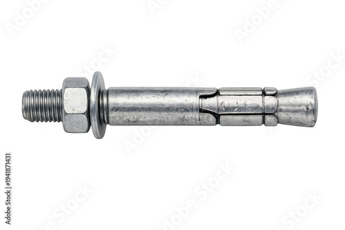 Stainless steel wedge anchor bolt fastener on transparent background