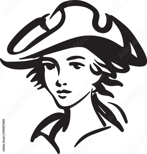Hand Drawn Woman Pirate Black and White Avatar Illustration in Minimal Line Art Style Design