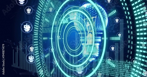 Displaying central concentric HUD rings showing ghost avatar face in cyberspace, with robot icons