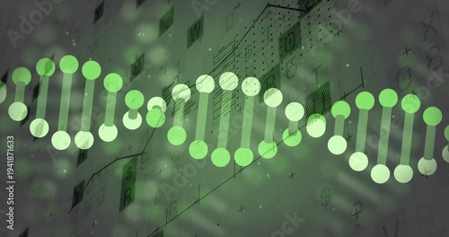 Displaying horizontal DNA helix graphic stretching across blueprint, with green bokeh marks