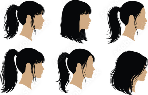Women hairstyle silhouettes collection with ponytail and bob cuts, female head profile set vector illustration for beauty design