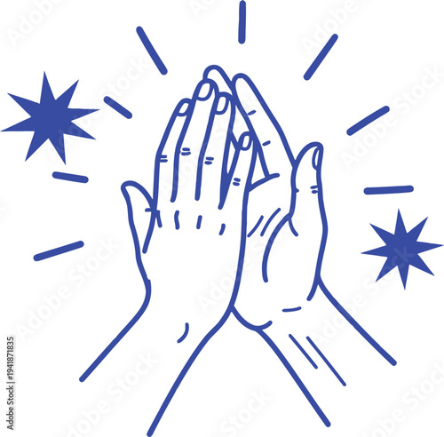 Hands together in prayer or celebration with sparkles and lines