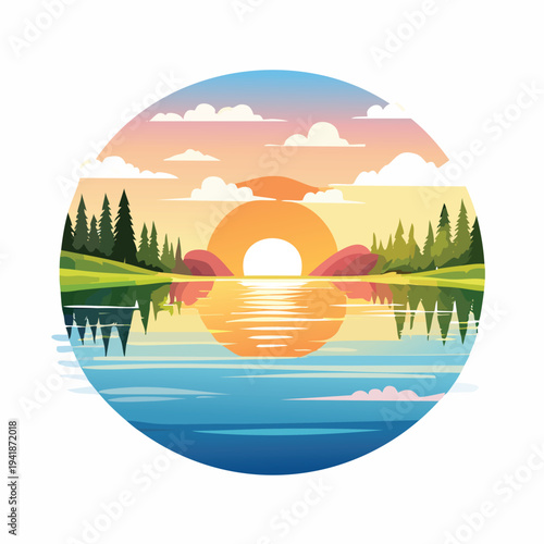 Sunset over lake with reflections and stylized trees illustration