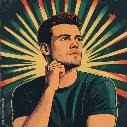 The concept of thinking was considered by the man in the context of retro-style pop art comics and Halftone