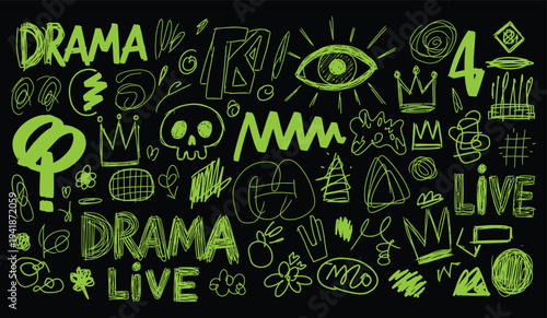 Vibrant neon graphic design with various symbols and text