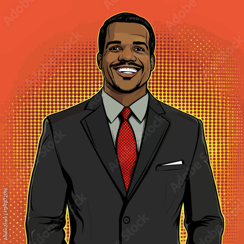 The happy man is a smiling businessman who moonlights as a pop art and comics artist and entertainer