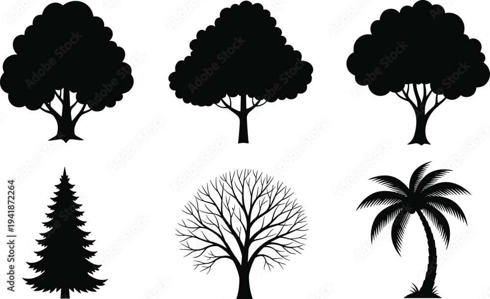 Fototapeta premium Tree silhouette collection featuring oak, pine, palm, leafless and deciduous trees, black nature icons isolated on white background