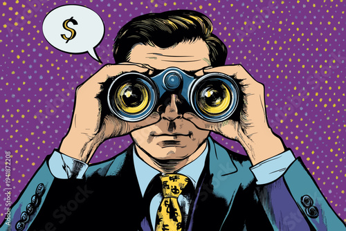 In scenes of retro style pop art and vintage advertising, a man with binoculars tracks the euro rate among other people