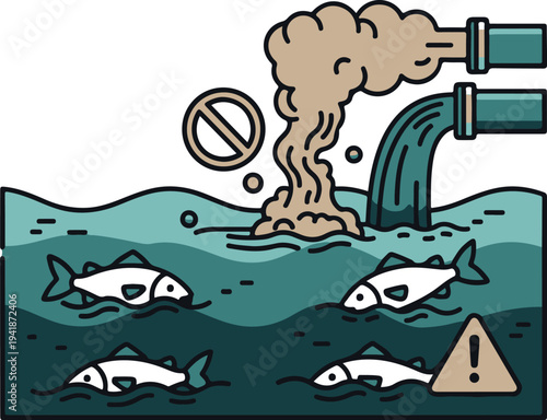Industrial Water Pollution Illustration – Toxic Waste in River Vector