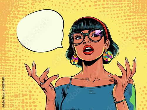 A sexy girl with an open mouth, glasses, and a speech bubble is the central figure in this pop art image, which boasts a modern and colorful background that pays homage to the retro comic style