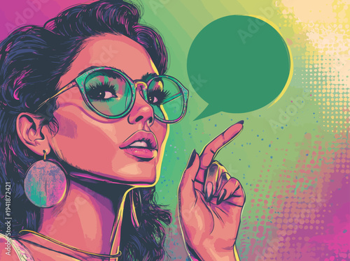 The picture features a young woman who embodies sexy surprise, her open mouth and pointing hand drawing attention to a speech bubble, all presented on a modern, colorful background that pays homage