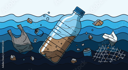 Plastic Pollution in Ocean – Marine Waste Environmental Vector Illustration