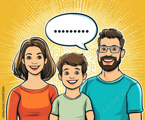 A happy family with a kid is the subject of this modern illustration, which utilizes a retro comic pop art aesthetic