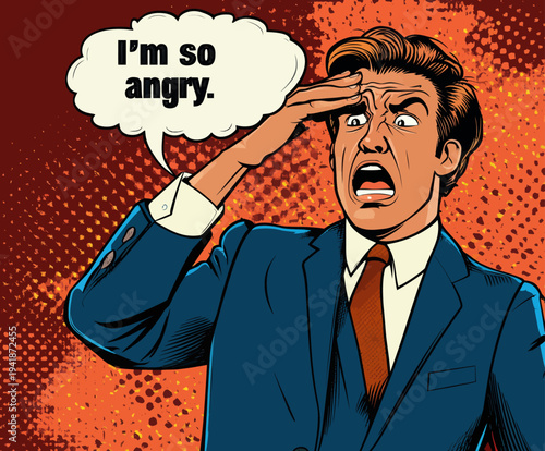 A modern pop art retro-style illustration features a businessman with a speech bubble, overcome with panic because of a financial crisis or business failure