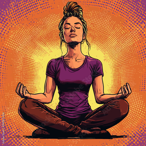 In a retro pop art comic style, a woman is shown meditating with a speech bubble, embodying the concept of achieving mental balance through yoga