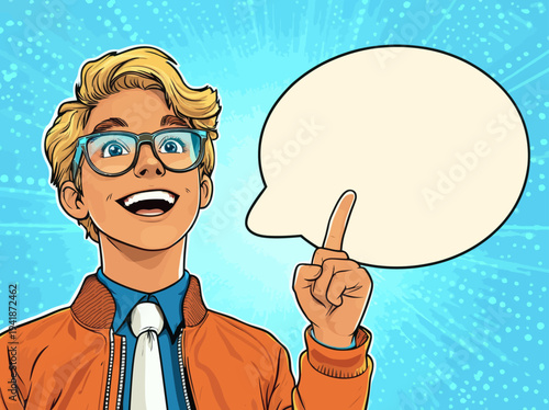 The scene is one of a surprised young man, clad in glasses, with an open smile on his face and his index finger raised, as a speech bubble rises from him, all illustrated in a modern, retro-inspired