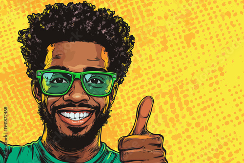 A modern cartoon background, rendered in a pop art retro comic style, provides the setting for a happy, handsome, and surprised young African man in glasses, who excitedly gives a thumb up, with his