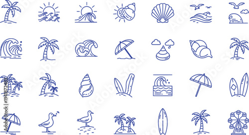 A collection of 25 unique blue line drawings of various objects and shapes