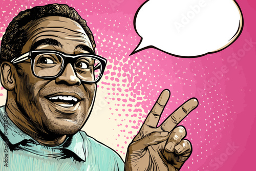 A modern illustration, executed in the retro pop art comic style, shows a young man with glasses who appears both surprised and happy, his mouth open in wonder