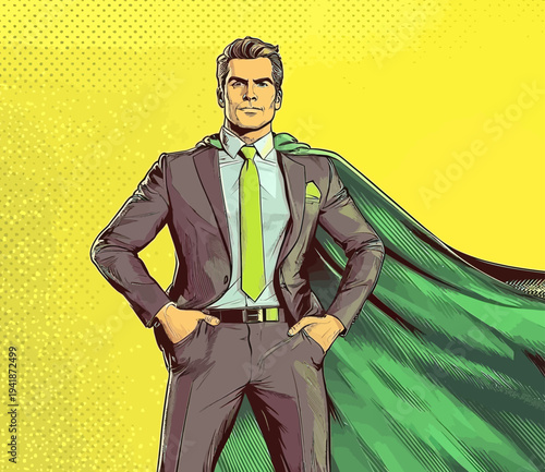 In a unique blend of finance and heroism, a grown man in a business suit is portrayed as a businessman superhero in retro style pop art, epitomizing bravery and courage