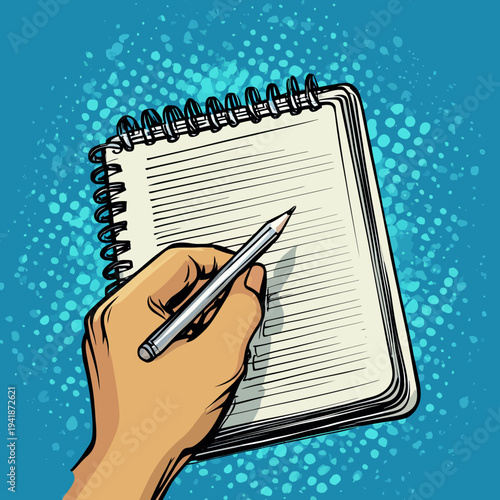 The image of a hand holding a pen and an open book is rendered in a modern pop art comic style illustration