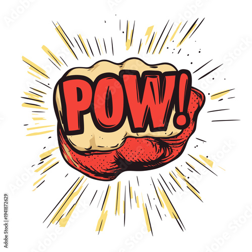 In a modern illustration, a pop art style punching fist is depicted on a white background with the 'Pow!' sound effect, making it an ideal design element for posters and flyers