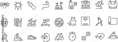 Set of line icons related to fitness, gym. Outline icon collection. Editable stroke. Vector