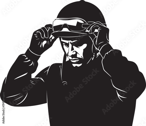 Jockey adjusting goggles vector silhouette illustration line art on transparent background