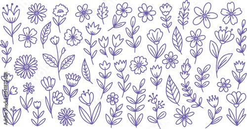 A vibrant and diverse floral pattern featuring various purple flowers on a white background