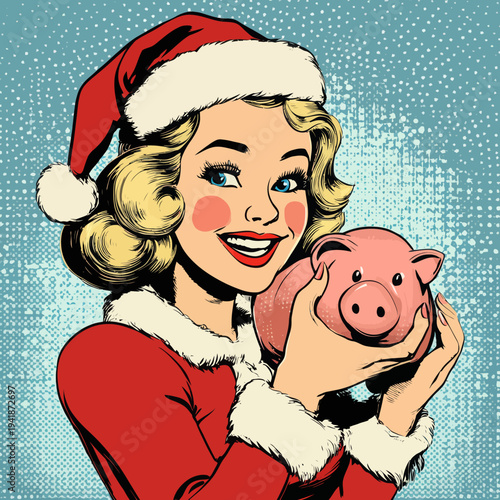 A modern illustration exists, showcasing a woman holding a piggy bank in a pop art design