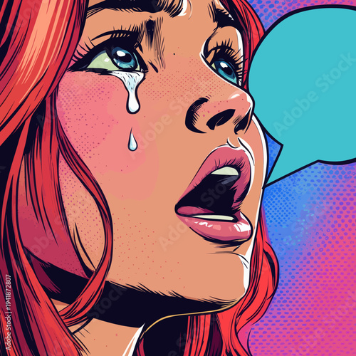 Pop art and retro comic style illustrate the emotions and grief of a weeping woman