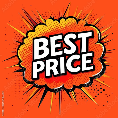 The modern illustration of Best Prise features a star in a comic bubble style, with a cartoon cloud colored yellow and the text 'Best Prise' on a background of red rays, executed in a pop art style