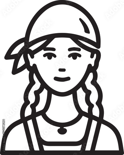 Hand Drawn Woman Pirate Black and White Avatar Illustration in Minimal Line Art Style Design